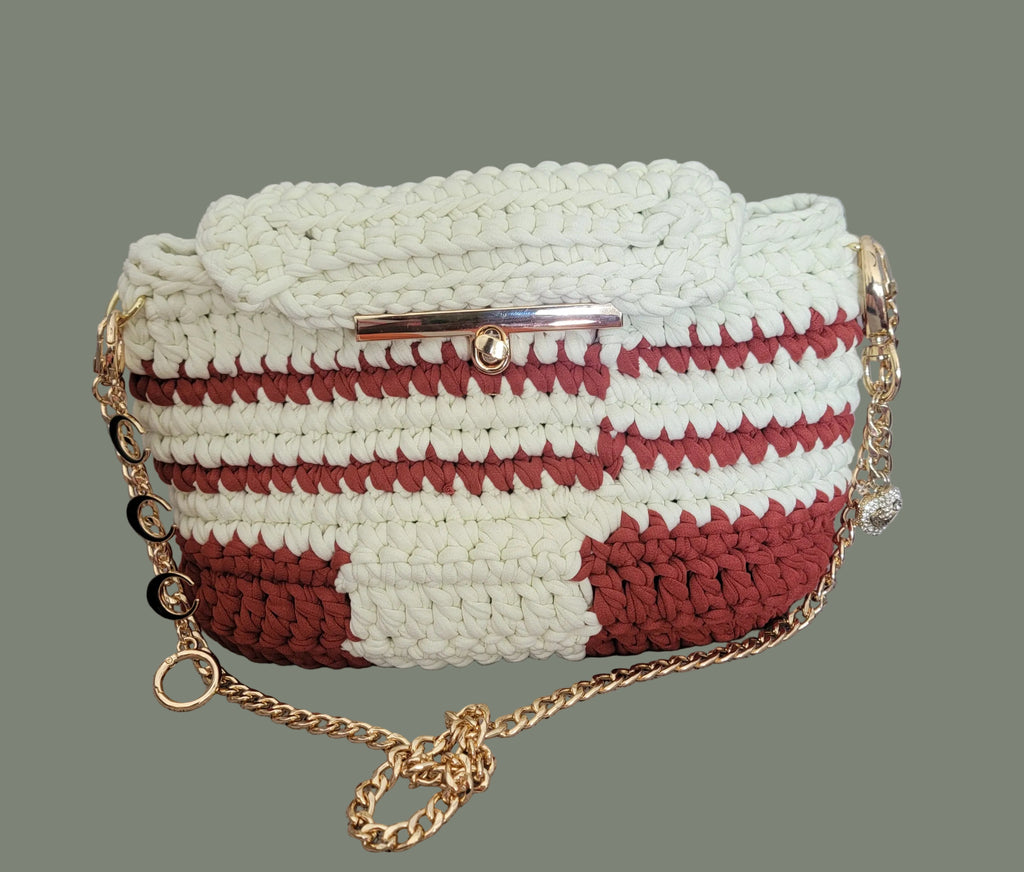 Burnt Orange and Cream Crochet Handbag – Medium