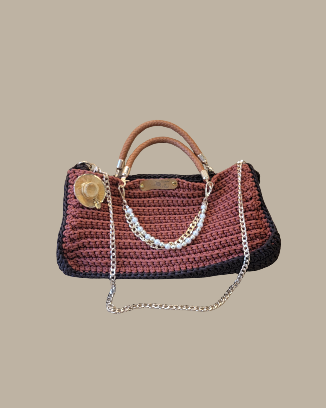 Handcrafted Crochet Tote Bag with Chain Strap & Pearl Accents