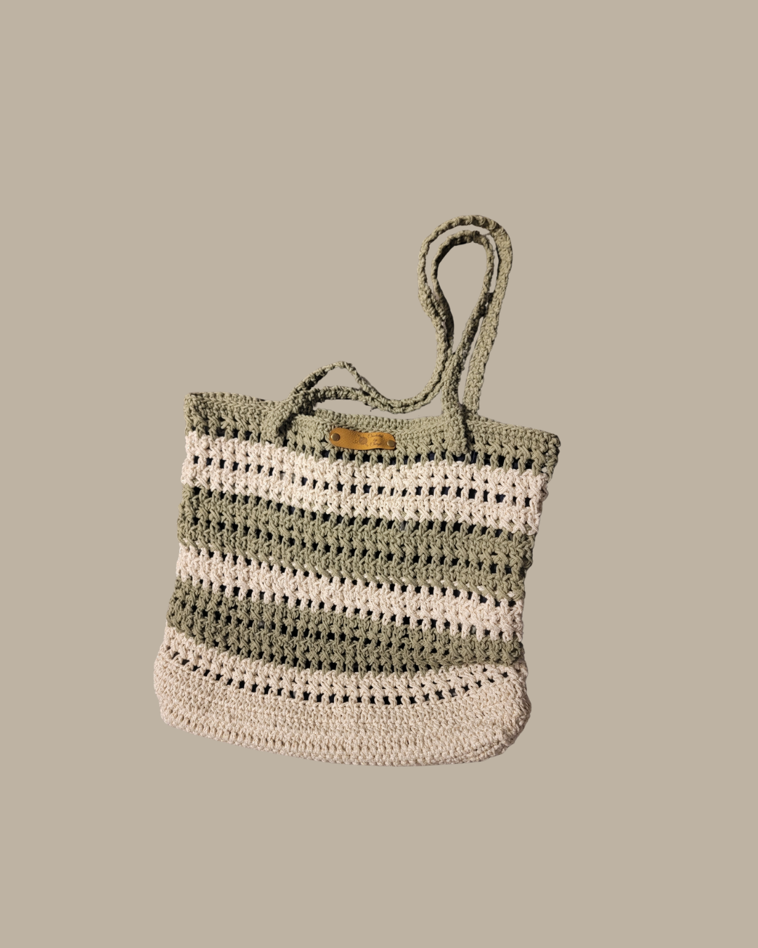 Crochet Open-Weave Striped Tote Bag in Sage & Cream